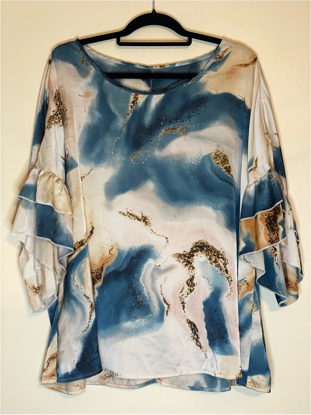 Plus Size SHEIN Blue Marble-Print Ruffle Sleeve Blouse